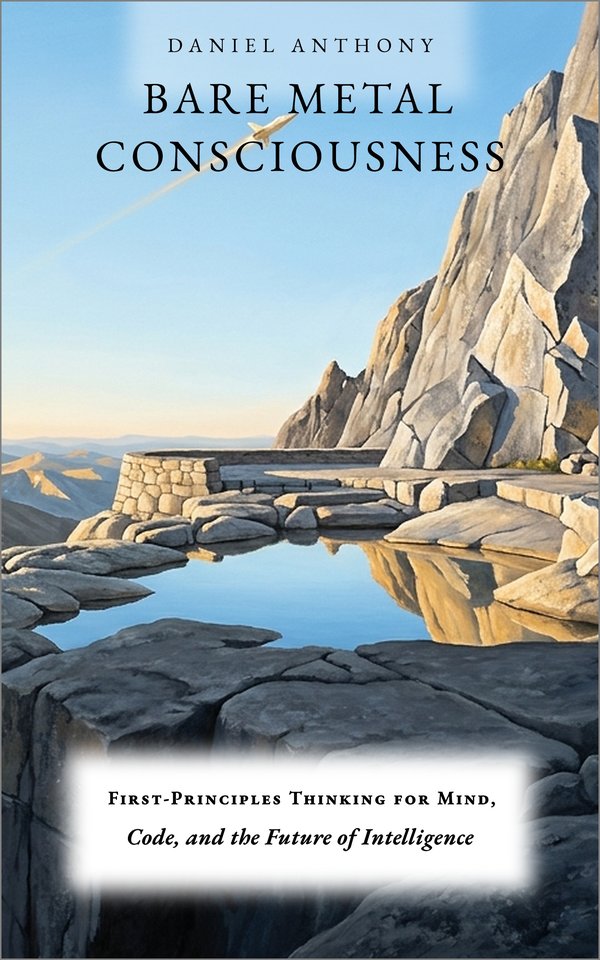 The cover of Bare Metal Consciousness by Daniel Anthony: bare-metal silicon geometry and living neural pathways under a cosmic horizon.