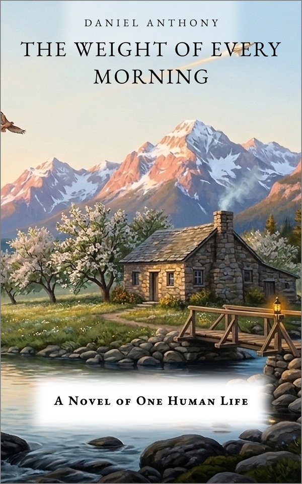 The cover of The Weight of Every Morning by Daniel Anthony: a solitary figure and wolf-dog on a mountain ridge at sunrise looking toward a cedar cabin and an ascending starship.
